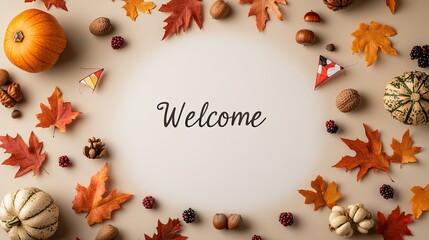 Welcome is beautifully displayed on a flat lay with autumn leaves, pine cones, and red berries, while colorful kites dance in the background, encapsulating the essence of fall