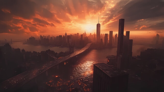 Postapocalyptic new york city skyline cinematic fictional scene with highway leading to armageddon scifi concept illustration. City Skyline. Illustration