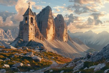 Fototapeta premium Alpine chapel bell tower with stunning mountain backdrop in Dolomites.