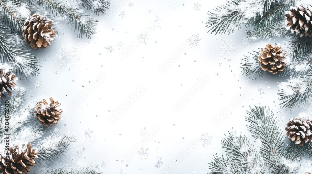 Wall mural winter background with space for text. wooden snowy white background with fir branches and pine cone