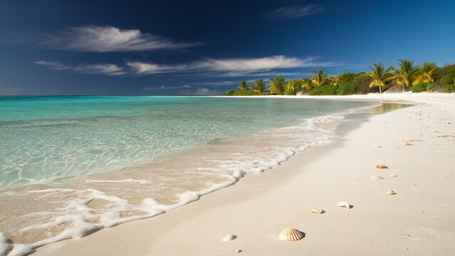 Pristine tropical beach with turquoise water and seashells