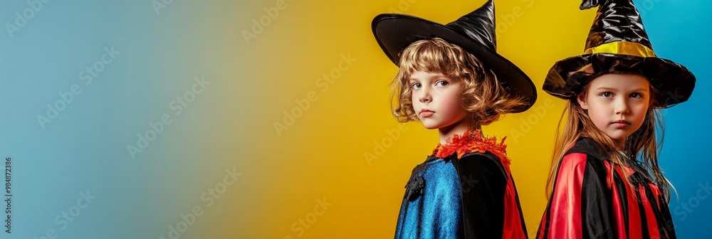 Wall mural two young children dressed in colorful witch costumes with pointed hats pose against a vibrant yello