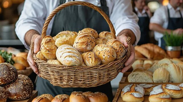 Baker holding wicker basket full of bread