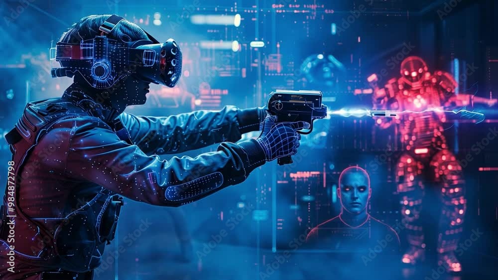 Poster a player wearing a virtual reality headset is immersed in an intense gaming experience, aiming a fut