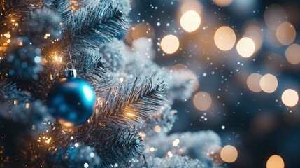 A snowy Christmas tree decorated with silver tinsel, blue baubles, and glowing fairy lights, creating a magical scene.