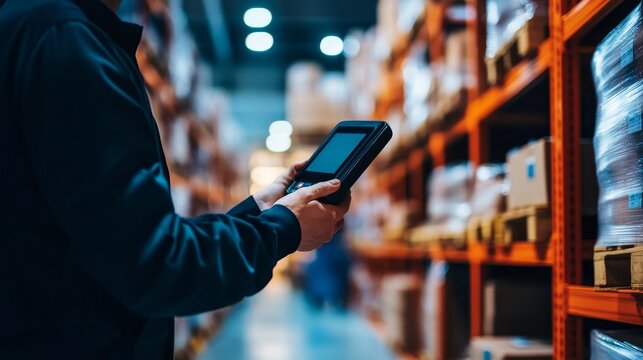 A warehouse technician utilizes an RFID reader to scan inventory, ensuring accurate tracking and streamlined logistics. This image embodies efficiency, technology, and inventory management.