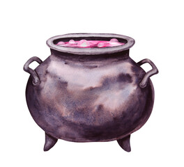 Black cast iron cauldron with pink potion. Esoteric attribute of a witch, sorcerer, gypsy, fortune teller, psychic. Clipart for Halloween, Sabbath, theme party. Watercolor hand-drawn illustration