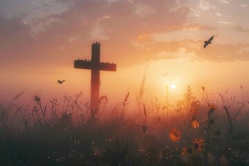 Easter Religious concept  Silhouette cross and birds flying on meadow autumn sunrise