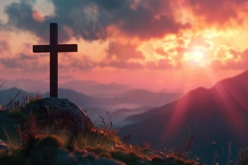 Obraz premium Good Friday concept Silhouette cross on mountain sunset background