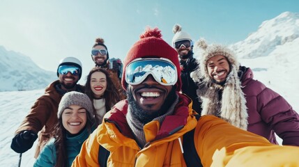 a group of young cheerful diverse men and women posing for a selfie photo on the ski or snowboard vacation in the mountains, having much fun in the snowy terrain