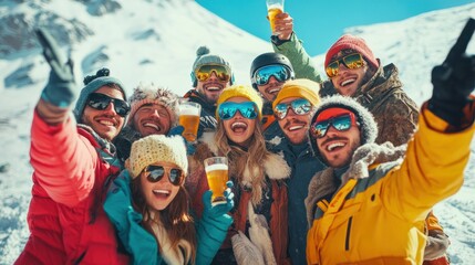 a group of young cheerful diverse men and women posing for a photo on the ski vacation in the mountains, drinking alcoholic beverages, wearing winter clothes, having much fun, celebrating