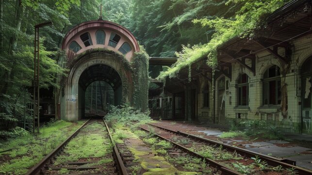 Mysterious Abandoned Railway Station in Lush Forest Landscape with Decaying Architectural Elements
