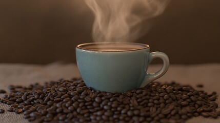 A steaming cup of coffee placed on a table covered with coffee beans, creating a rich sensory experience that captures the essence of fresh, aromatic coffee.