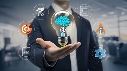 Innovative Thinking Hand Holding a Lightbulb with Brain and Gears