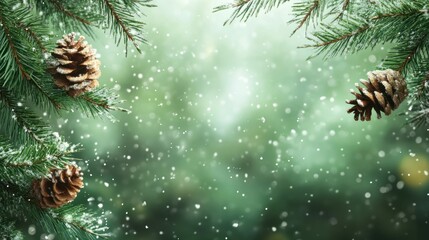 background green winter atmosphere, party with christmas tree branch and pine cone, poster, banner, template
