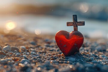 Christian cross on red heart with beach background symbolizes faith.