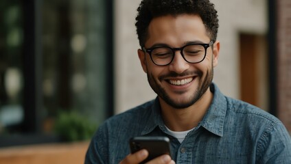 Smiling man in glasses looking at his phone.