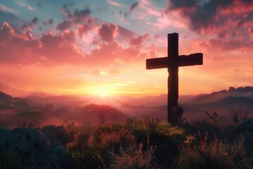Obraz premium Easter concept Cross silhouette on Calvary mountain at sunset.