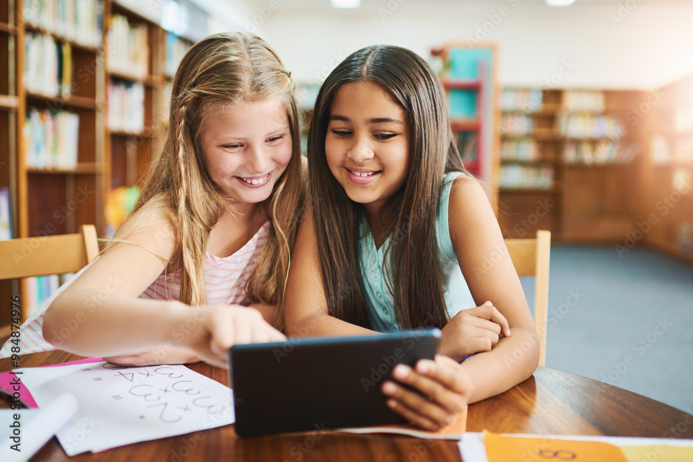 Poster teamwork, children and online with tablet for education, elearning and math game for numbers solving