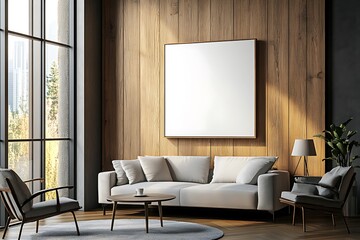 Modern living room interior with wooden wall, large blank canvas, grey sofa and armchair, and coffee table.