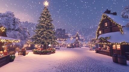 A snowy village square with a large Christmas tree in the center, adorned with twinkling lights and surrounded by festive market stalls.