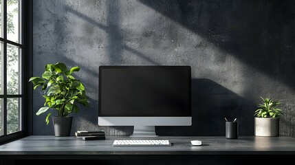 Fototapeta premium Modern Home Office Desk with Computer Plants and Window