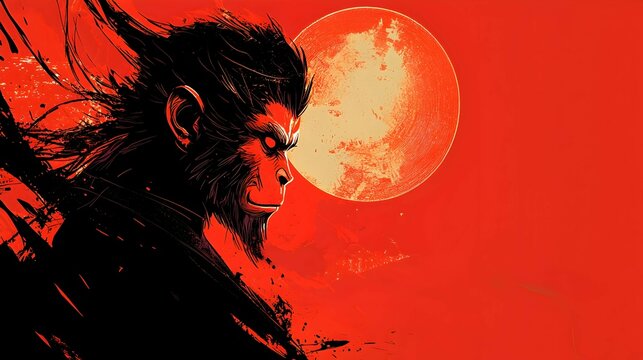 Monkey King Silhouette Against Red Moon