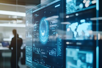 Fototapeta na wymiar biznes, sztuczna inteligencja, AI, asystent, biuro, nowoczesne, technologia, innowacje, zespół, współpraca, komputery, ekrany, tablet, inteligentne, praca, minimalizm, przyszłość, dynamiczne, cyfrowe,