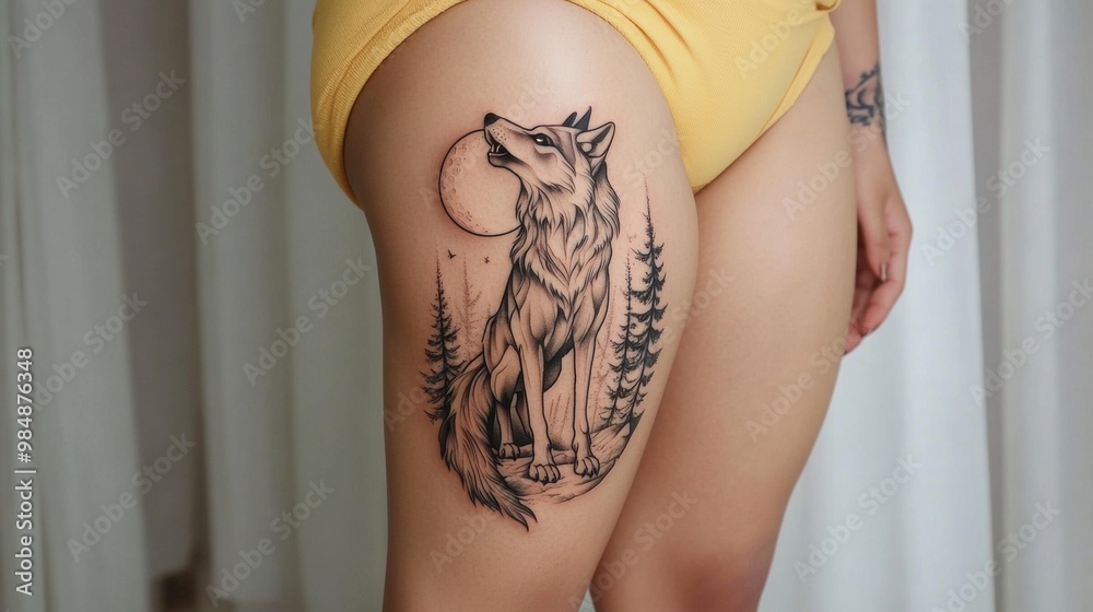 Poster A woman with a tattoo of a wolf on her thigh, AI