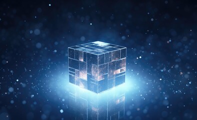 A glowing cube with a futuristic design and a dark blue background.