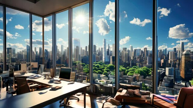 Corner office in an office in a modern skyscraper with panoramic windows against the backdrop of a big metropolis city, business work and career concept