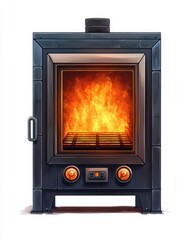 Stylish oven with a vivid fire, perfect for modern kitchens, showcasing efficiency and design in cooking appliances, white background