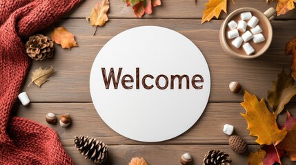 Gathering autumn's warmth, a cup of hot chocolate sits beside a red scarf and vibrant leaves, inviting a cozy atmosphere perfect for the season's welcoming spirit