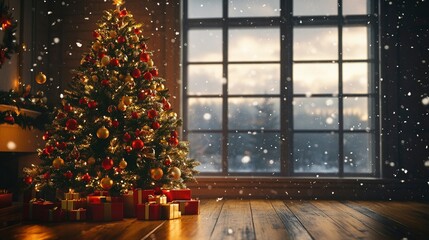 Naklejka premium A tall Christmas tree adorned with red and gold ornaments, glowing in front of a large window with snowfall outside.