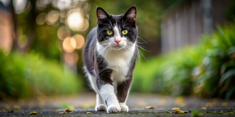Obraz premium A Black and White Cat with Green Eyes Walking on a Path, Pet Photography, Cat Portrait, Animal Photo, Cat , Pet , Animal