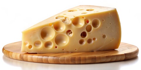 A Close-Up of a Wedge of Swiss Cheese on a Wooden Cutting Board, swiss cheese, cheese board, dairy