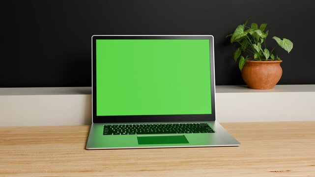 Modern Laptop computer slow zoom animation on table with green screen. Empty Notebook High-quality 3D Animation room background