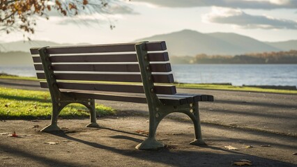 Quiet Park Bench Overlooking Distant Mountain Range