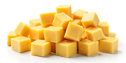 A Pile of Cubes of Yellow Cheese on a White Surface, close-up, still life photography, cheese, food, dairy