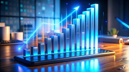 A futuristic close-up of a glowing blue bar graph projection over a keyboard, displaying yearly data  in a cinematic, high-tech scene.