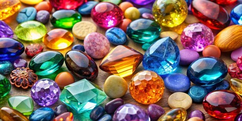 A Kaleidoscope of Gemstones on a Wooden Surface, Gemstones, Jewels, Precious Stones