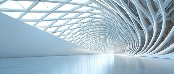 Contemporary Minimalist Architectural Elegance Symmetrical White Panels and Curved Ceilings in Serene Atrium Setting