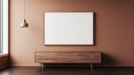 Elegant Minimalist Interior Design Symmetrical Composition with Large Blank Frame, Wooden Cabinet and Pendant Light, Warm Tones, Serene Atmosphere Ideal for Mockups and Inspirational Designs