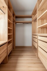 Luxurious Empty Walk-In Closet Interior with Symmetrical Design, Minimalist Style, and Tranquil Atmosphere for Home Decor Inspiration