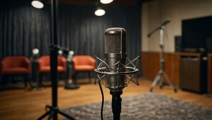 Studio interview setup with microphone and audio equipment.