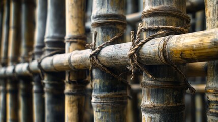 Fototapeta premium A high-definition image of bamboo scaffolding used in traditional construction, with the intricate ties and joints clearly visible, showcasing the strength and versatility of bamboo.