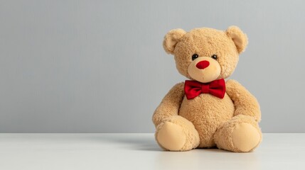 Obraz premium A cute brown teddy bear wearing a red bow tie, symbolizing love, friendship, childhood, and happiness. Perfect for Valentine's Day, birthdays, or any special occasion.