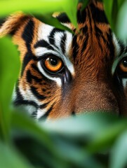 A close-up portrait of a tiger's eye, captured through lush green foliage, conveying the animal's power, intensity, and wild nature.