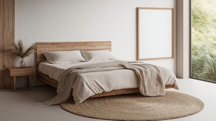Luxurious Modern Bedroom Interior with Wooden Bed and Tranquil Ambiance, Home Decor Inspiration for Relaxation and Elegance