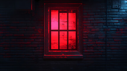 Fototapeta premium Red light from the window. the red window shines mystically at night. mysterious red window. generative ai. Neon District. Illustration